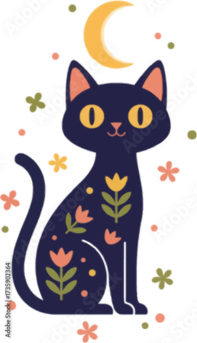 Funny black cartoon cat with a gift and a mouse