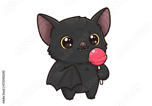 Adorable cartoon bat holding a lollipop, drawn in a cute style, perfect for Halloween themed content and sweet designs.