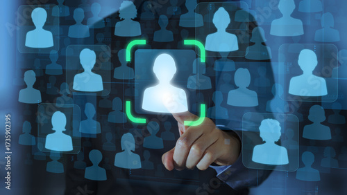 Targeting and personalization of customer communication. Marketing automation system. Marketer tapping a customer icon.