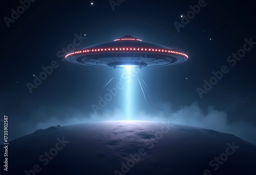 Fototapeta Naklejka Na Ścianę i Meble -  UFO hovering with glowing beam over alien planet at night sky, mysterious spaceship background 4k wallpaper art