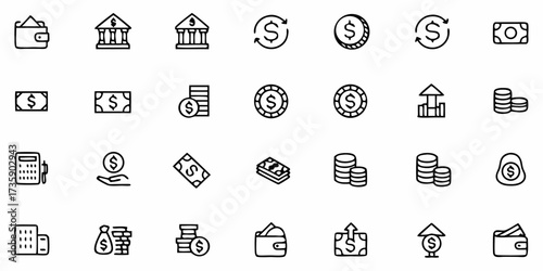 Vector illustration of various financial icons including wallets coins money and bank buildings in black outline