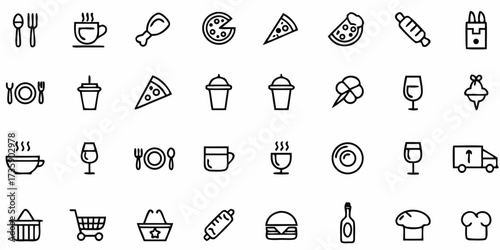 Vector collection of various food and drink related icons including pizza burger and coffee in outline style