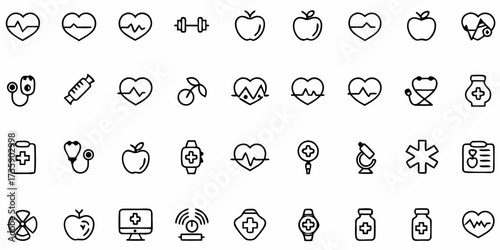 Vector collection of health and wellness icons including heartbeats apples medical tools and fitness equipment line art