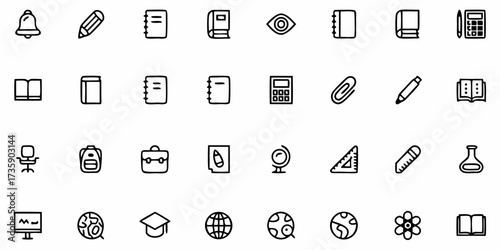 Minimalist outlined education icons featuring pencil, book, graduation cap, ruler, blackboard, light bulb, globe, and backpack in clean vector line style.