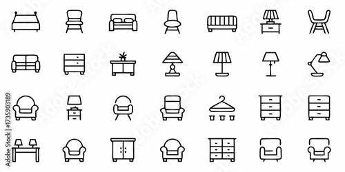 Vector a collection of furniture icons including sofas chairs beds lamps dressers and tables in a simple line style