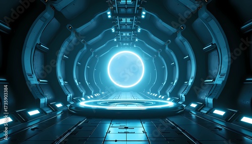 Fototapeta Naklejka Na Ścianę i Meble -  Futuristic sci fi teleportation gate with spaceship background 4k glowing portal energy in metallic tunnel