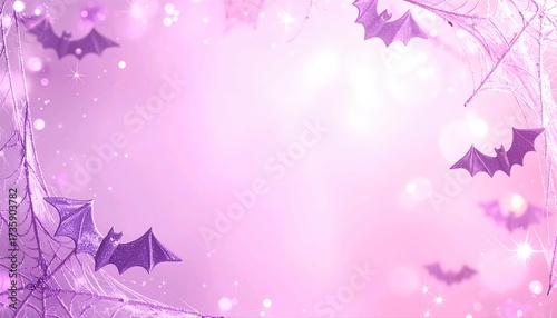 Halloween feminine pastel pink background with gothic spider webs bats and glitter