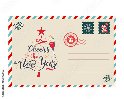 Festive Christmas Postcard Design with Decorated Christmas Tree, Holiday Gifts, Red Background, Airmail Border, and Seasonal Postage Stamp for Holiday Greetings and Winter Celebrations