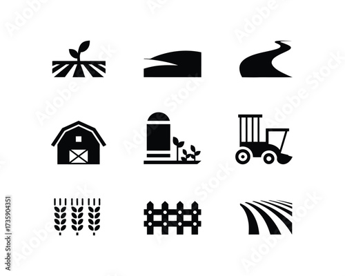 Set of 9 minimalist black and white farm icons vector illustration scalable eps format agriculture icons silhouette vector illustration white background