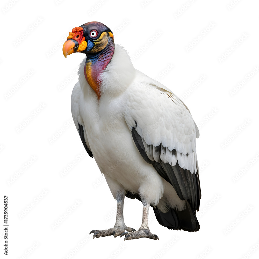 Fototapeta premium A South American king vulture stands isolated on a transparent background. It has a white body, black wings, and a colorful head with orange, yellow, and blue features.