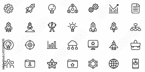 Minimalist outlined startup icons featuring rocket, light bulb, growth chart, target, and briefcase in clean thin-line vector style.
