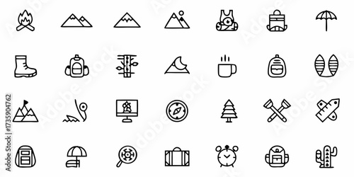 Vector collection of camping and outdoor adventure icons including mountains, backpacks, and other related symbols