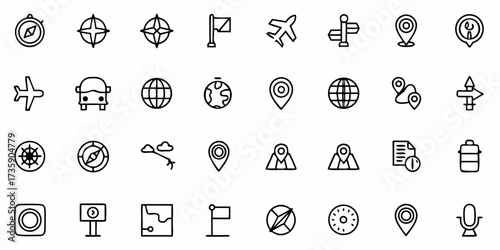 Vector illustration showing a collection of navigation and travel icons arranged in a grid pattern design style