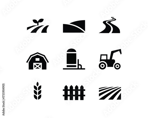 Set of 9 black and white minimalist farm icons for vector graphics scalable eps files silhouette vector illustration white background