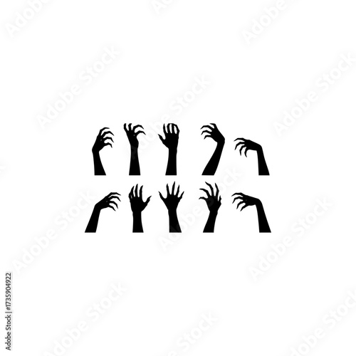 Zombie hands silhouettes. Halloween decor. Set doodle zombie hand 