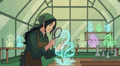 a female botanist studies glowing magical plants with a magnifying glass in a fantasy greenhouse for mystical research.
