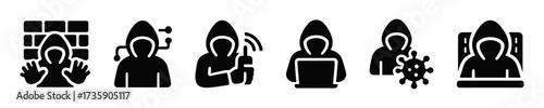 Firewall hacker in hood filled vector icon set