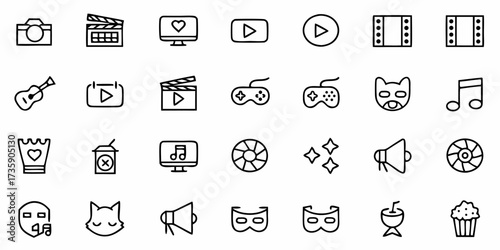 Vector illustration showing a collection of various entertainment and media related icons in a simple line art style