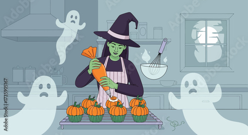 a green witch decorates halloween pumpkin cupcakes in a haunted kitchen on a moonlit night with sad ghosts perfect for festive autumnal baking projects.