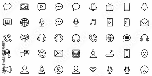 Vector illustration of communication app icons in minimalist outline style featuring chat bubble, phone, video call, email, and message symbols in clean thin-line design.