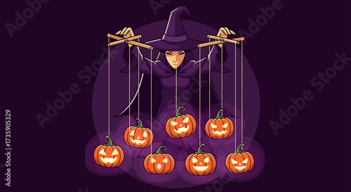 a halloween witch expertly manipulates glowing jack-o-lantern puppets in a dark mystical setting embodying spooky control and festive magic.