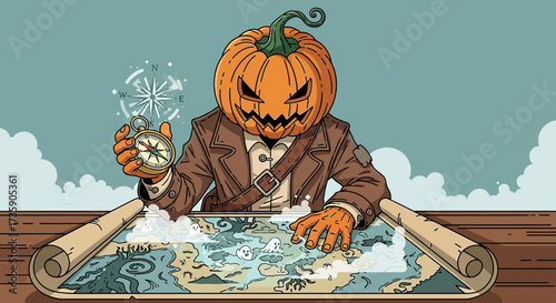 a jack-o-lantern explorer intently examining a mysterious halloween map with a vintage compass guiding a spooky adventure.