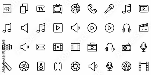Vector collection of media icons including sound, volume, music, film, tv, radar, microphone and other symbols