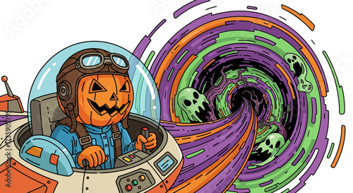 a jack-o-lantern pilot in an aviator helmet steers a retro spaceship into a swirling halloween wormhole filled with spooky ghosts.