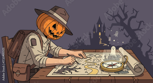 a pumpkin head explorer drawing a halloween adventure map at a wooden table planning a spooky quest on halloween night.