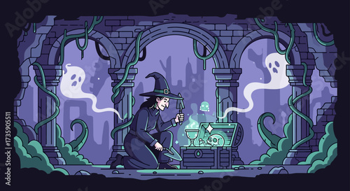 a mysterious witch explores overgrown ancient ruins with spooky ghosts uncovering a glowing magical treasure chest ideal for halloween fantasy adventure designs.