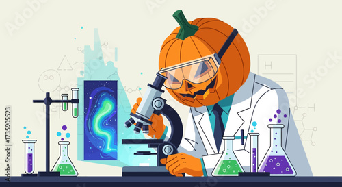 a pumpkin scientist wearing safety goggles examines a sample through a microscope in a science laboratory for halloween education.