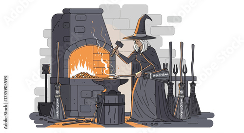 a skilled witch blacksmith in a pointy hat forging glowing metal on an anvil inside her stone forge illustrating mystical fantasy craftsmanship.