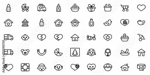 Vector collection of various outline icons including baby items love symbols and household objects in a grid layout