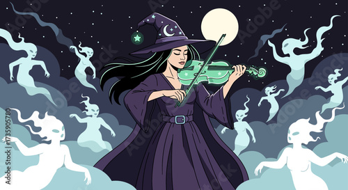 a witch plays a glowing green violin charming a swirling dance of spirits under a luminous full moon in a dark star-filled night perfect for spooky fantasy visuals.