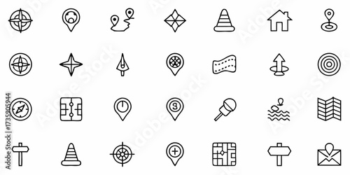 Vector a collection of various navigation icons including compasses, map markers, and location symbols in black outline