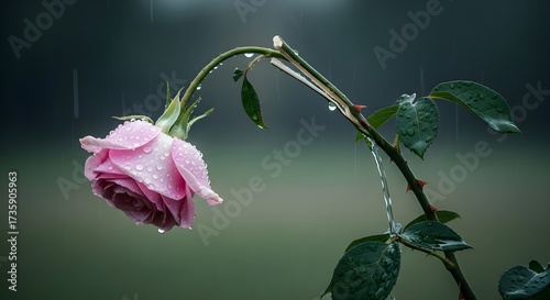 Setangkai bunga mawar pingk yang patah diguyur hujan 