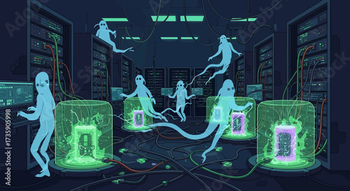 digital spirits process data in a futuristic server room operating complex interfaces illustrating artificial intelligence and machine learning.