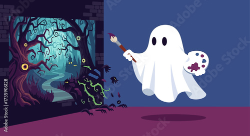 friendly ghost artist painting a spooky haunted forest scene with eerie trees and creepy creatures for halloween illustrating creative fantasy art.