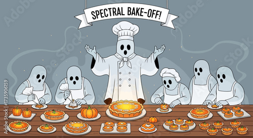 ghost chefs compete in a fun spectral bake-off meticulously preparing and decorating festive halloween pumpkin pies and autumnal treats.