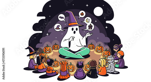 ghost in witch hat tells spooky halloween stories to children in costumes around jack-o-lanterns at night for kids content.