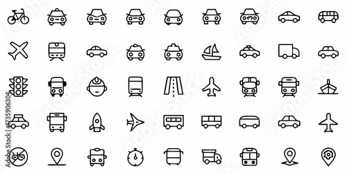 Vector illustration of various transportation icons including cars planes trains and other vehicles in black outline