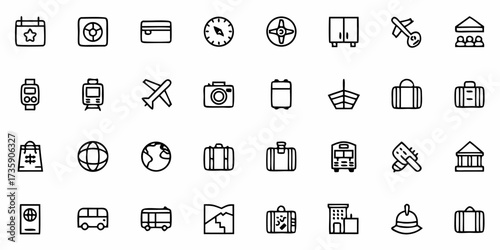 Vector collection of travel related icons including luggage, transportation, and various travel accessories items