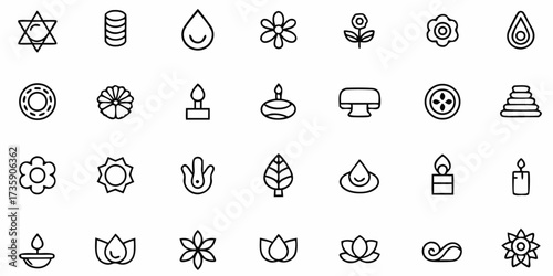 Vector collection of outline icons featuring spiritual symbols and natural elements in a grid format