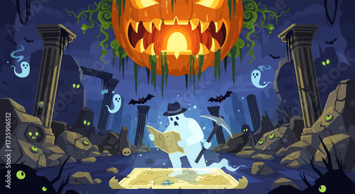 halloween ghost explorer reads a treasure map with pickaxe in ancient ruins surrounded by glowing eyes and a giant pumpkin.