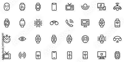 Black outlined vector icons of smart devices — including smartphone, smartwatch, tablet, and laptop for modern tech design.
