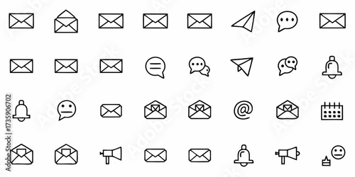 Clean outlined vector icons of email and messaging — including envelope, chat bubble, and notification symbols for communication design.