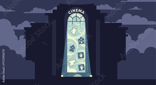 halloween horror film poster projection on a dark cinema building at night featuring ghosts haunted houses and spooky hands