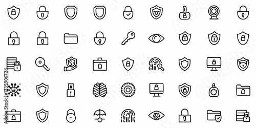 Vector collection of security icons featuring locks shields keys and other related symbols arranged in a grid pattern