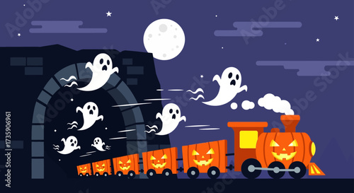 halloween pumpkin train speeding from a dark tunnel with flying ghosts under a full moon ideal for spooky holiday events.