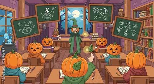 halloween witch class a kind witch teaches magic spells to adorable pumpkin students in a spooky classroom at night perfect for fantasy learning.